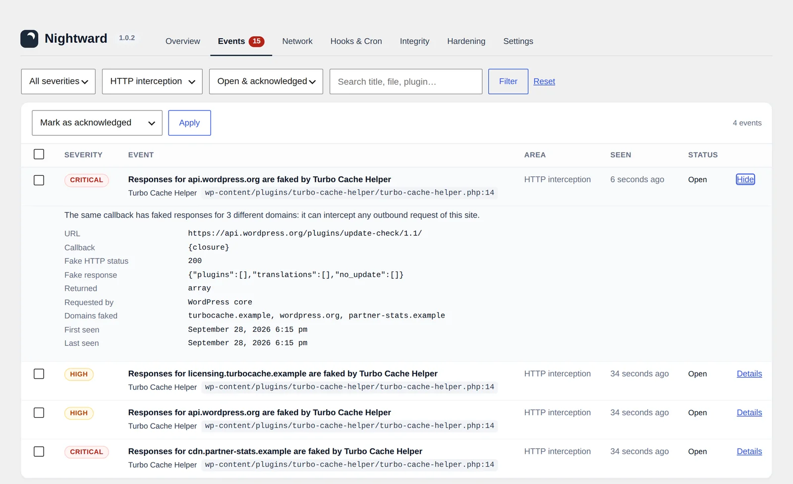 Nightward event details: responses for api.wordpress.org are faked by a plugin, with callback, file and line, fake status and body