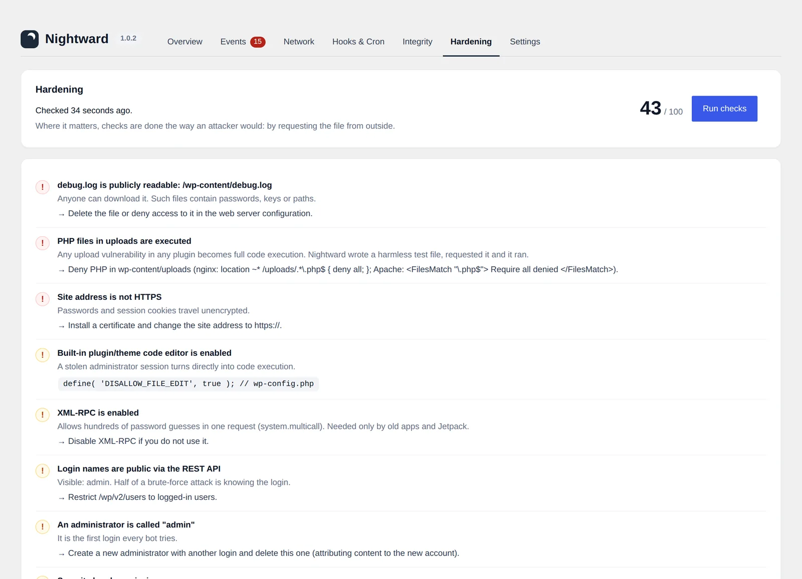 Hardening checks with score and fixes