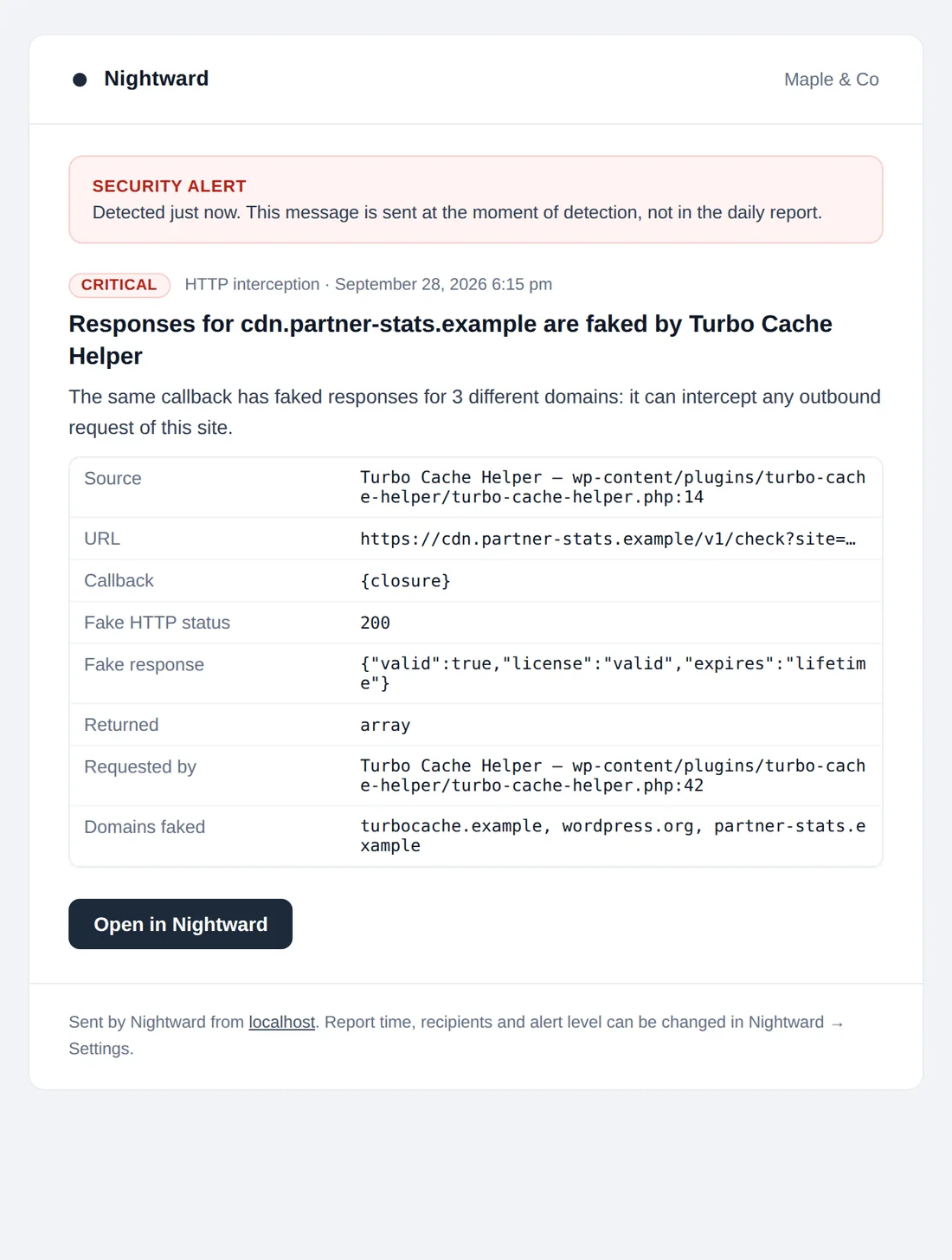 Instant alert e-mail about faked HTTP responses
