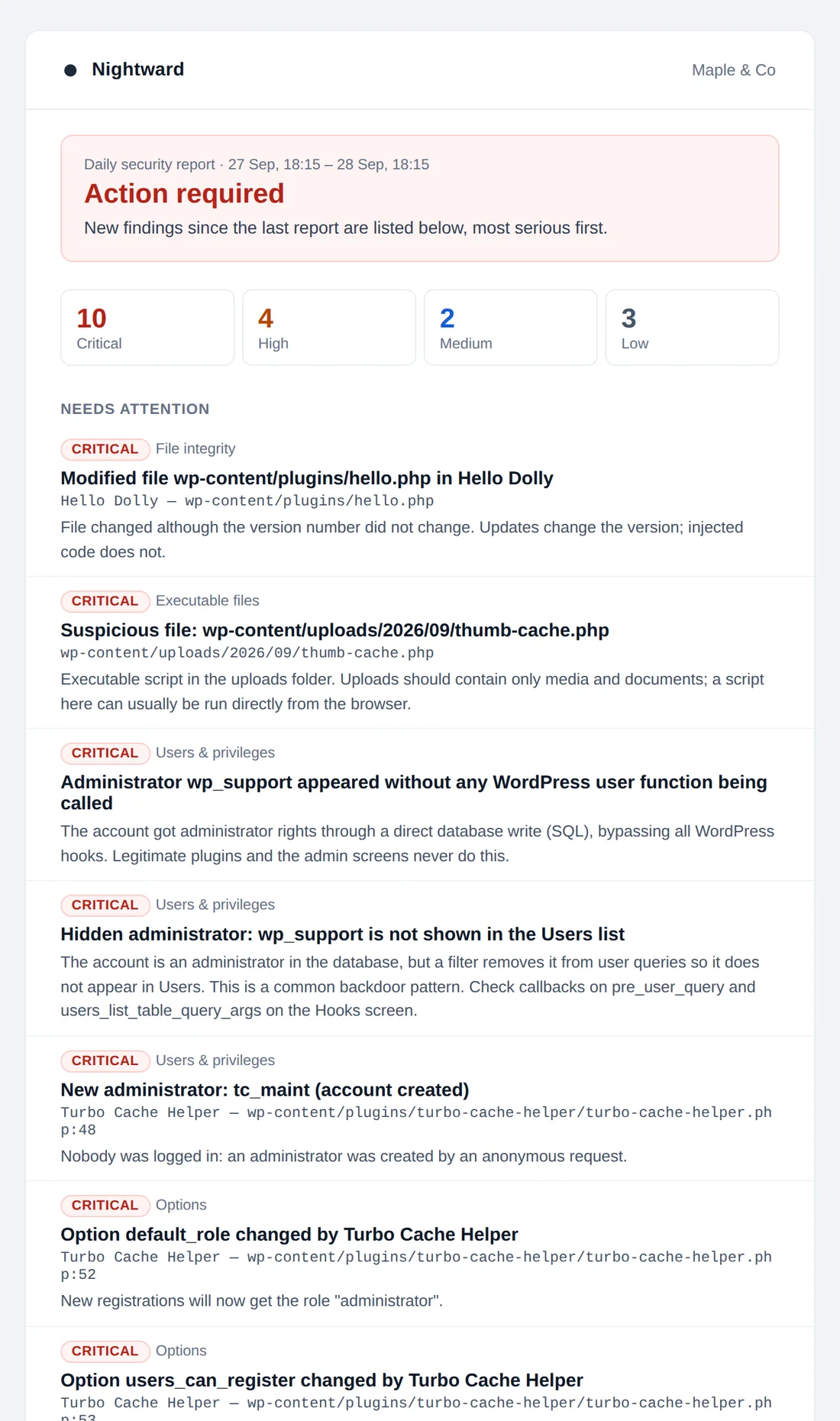 Daily report e-mail with severity counters and findings